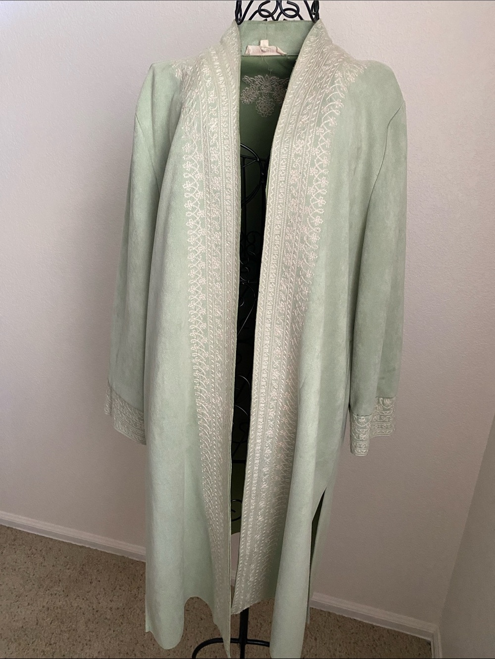 Solitaire Mint Green Faux Leather Embroidered Open-Front Trench Coat